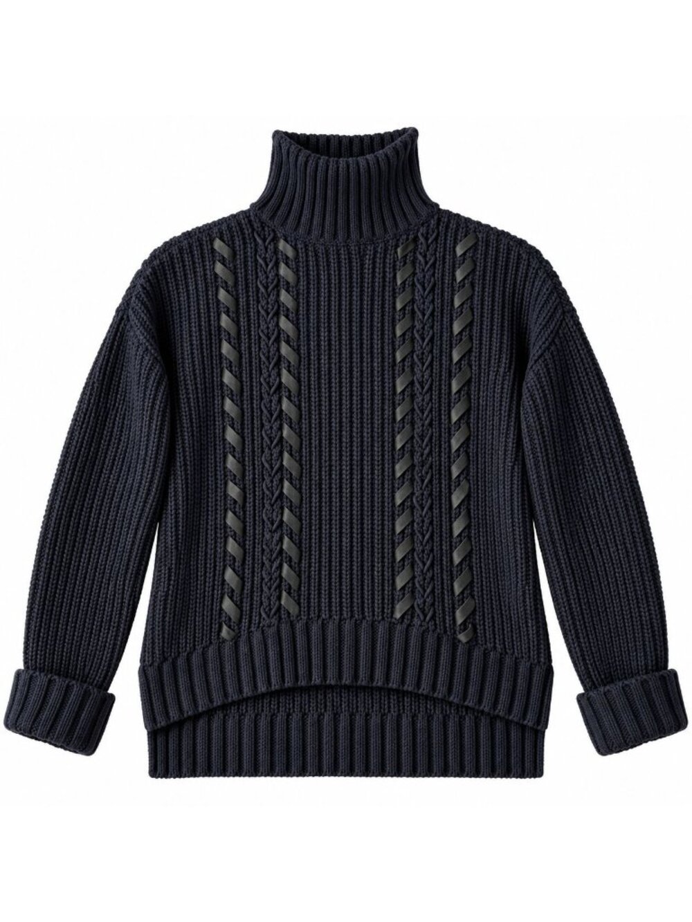 Express Womens Black Chunky Knit Turtleneck Sweater With Braided Trim Size S/P